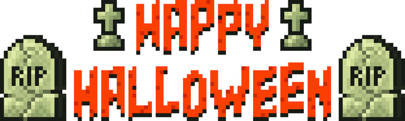 Fototapeta premium Happy Halloween Pixel Banner with Tombstone on White Background.
