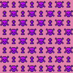 Pixel pattern with skulls and tombstones. Illustration with old computer style. Geek background for Halloween.