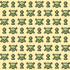 Pixel pattern with skulls and tombstones. Illustration with old computer style. Geek background for Halloween.