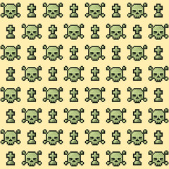 Pixel pattern with skulls and tombstones. Illustration with old computer style. Geek background for Halloween.