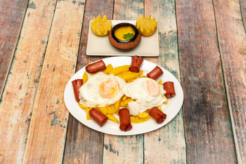 Salchipapas with fried eggs and chili sauce on wooden table