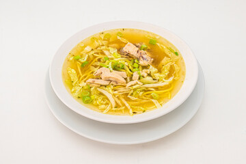Chicken broth is a soup. It is often served with pieces of meat or with grains of rice or barley, pasta, carrot, yellow potato, celery, white onion, etc.