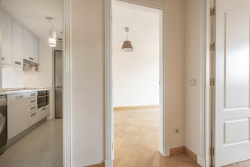 Fototapeta na wymiar Distributor of apartment with white wood carpentry and light wood flooring