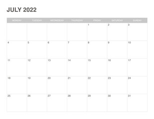 simple calendar July 2022 , start monday