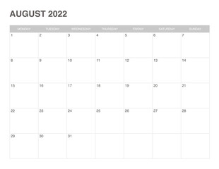 simple calendar August 2022 , start monday