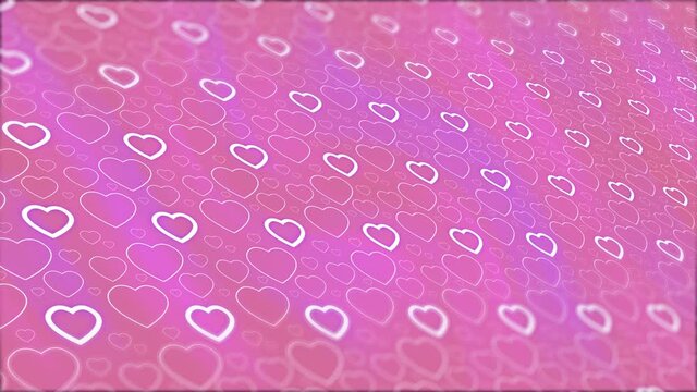 Abstract animated background of neon heart symbol outlines on gradient pink background in Pacific Pink color. Holiday attribute. Background for an animated postcard, banner, splash