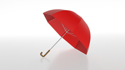 3D rendering. Red umbrella with wooden handle lies on a white background