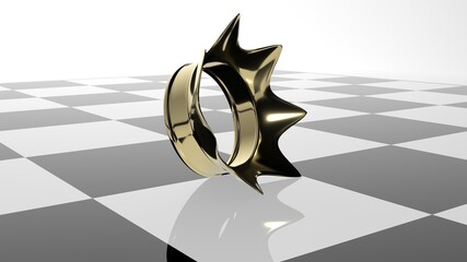 3D-rendering. The golden royal crown is lying on the chessboard