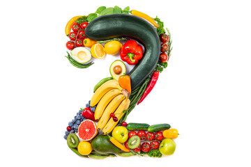 Number 2 made of healthy food. Healthy eating of vegetables and fruits on white background. Food number 2 two isolated on white. Healthy food, balanced, food trends, sustainable concept
