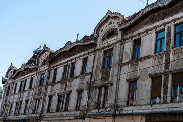 Aged building and damaged on Independentei street. Oradea, Romania.