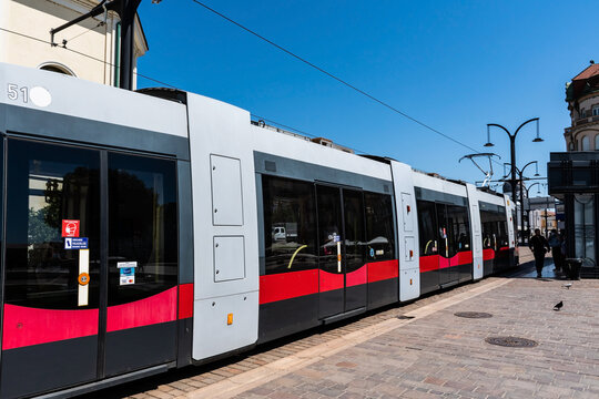 Tram arrived at the station, public transport. Oradea, Romania.