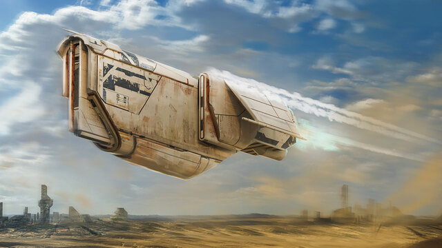 Digital painting of a rusty space ship flying through a desert with a nearby alien city in the background - fantasy 3d illustration