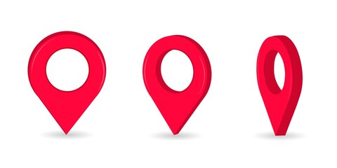 Red location icon, point on the navigator map. Rotation of the sign in three positions. 3D graphics. Vector illustration.
