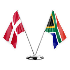 Two table flags isolated on white background 3d illustration, denmark and south africa