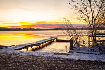Winter sunset scene from Tofta lake in Vaxjo, Sweden