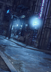 A 3d digital render of a cyberpunk city street with glowing blue lights and neon signs. © Elle Arden 