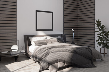 Modern bright bed room interiors 3D rendering illustration computer generated image