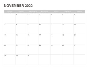 simple calendar november 2022 , start monday