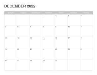 simple calendar december 2022 , start monday