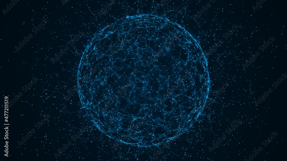 Aufkleber Sphere of particles and lines. Futuristic digital technology. Network or connection. Abstract background of points and lines. Big data. Science background. 3d rendering