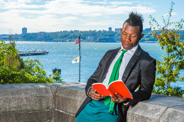 Young Man Reading Outside. Wearing a black blazer, green pants, a green neck tie, hands holding a...