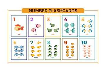 Number flashcards set one to ten for preschool learning. English math for kids. Vector illustration