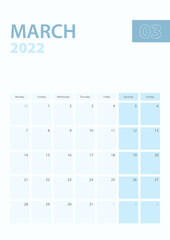 Vertical calendar page of March 2022, Week starts from Monday.