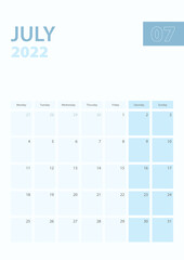 Vertical calendar page of July 2022, Week starts from Monday.