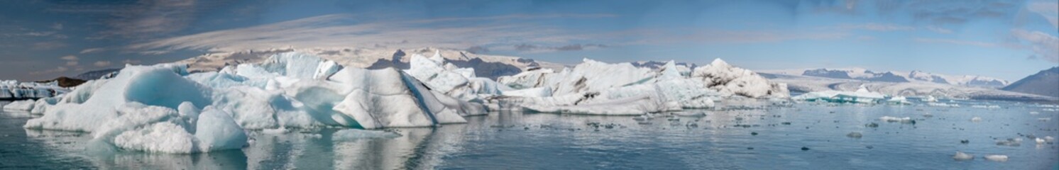 Panoramic view of Jokulsarlon Lagoon in Southern Iceland. Summer colors
