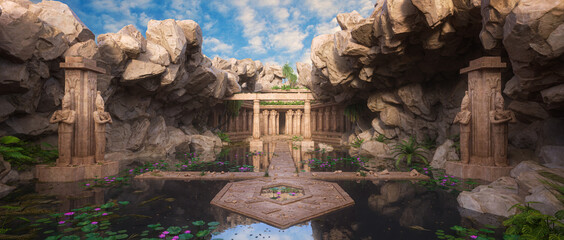 Wide panoramic 3D illustration of an ancient fantasy temple with lake and stone statues. © IG Digital Arts