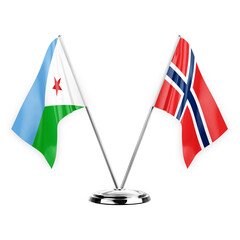 Two table flags isolated on white background 3d illustration, djibouti and norway