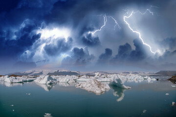 Panoramic view of Jokulsarlon Lagoon in Southern Iceland. Summer colors during a storm