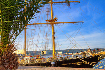 View of a moored sailing ship on the embankment in the port of Varna, on the Black Sea coast of Bulgaria