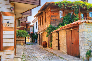 City landscape - view of the old streets and homes in balkan style, the Old Town of Nessebar, on the Black Sea coast of Bulgaria