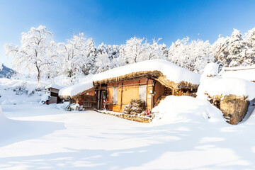 Snow scene in a traditional village with many snow