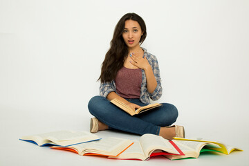 beautiful young woman studying. White background