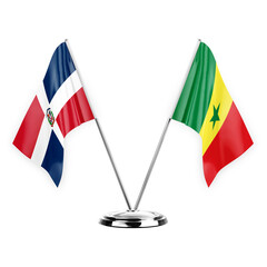 Two table flags isolated on white background 3d illustration, dominican republic and senegal