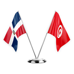 Two table flags isolated on white background 3d illustration, dominican republic and tunisia