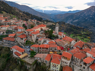 Aerial view over the beautiful historical village Dimitsana during winter period in Arcadia,...