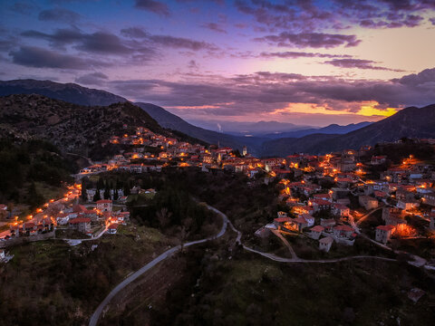 Aerial view over the beautiful historical village Dimitsana during winter period in Arcadia, Peloponnese, Greece