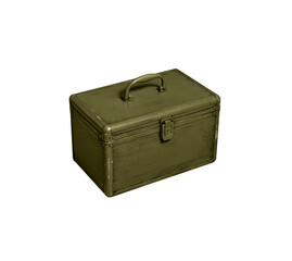 Old metal military box isolate on a white background. Green rusty drawer with handle and lock.
