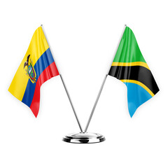 Two table flags isolated on white background 3d illustration, ecuador and tanzania