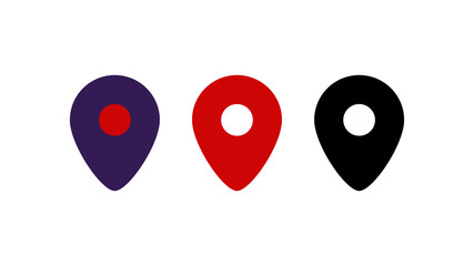 Pin map marker to locate or point GPS position or destination, vector icon.Red, black and purple map pointer set, isolated blank circle tag. Map symbol illustration.