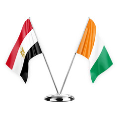 Two table flags isolated on white background 3d illustration, egypt and ivory coast