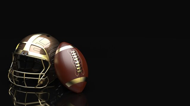 American football Gold-Blown helmet and Gold-Blown Ball under black laser lighting. 3D illustration. 3D CG. 3D high quality rendering.