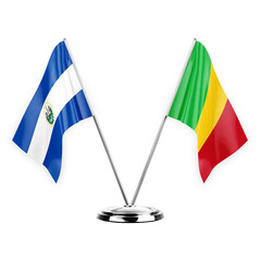 Two table flags isolated on white background 3d illustration, el salvador and mali