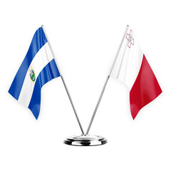 Two table flags isolated on white background 3d illustration, el salvador and malta