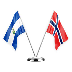 Two table flags isolated on white background 3d illustration, el salvador and norway