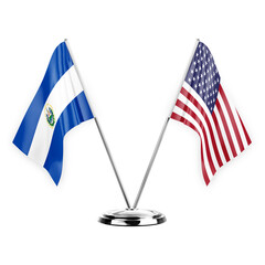 Two table flags isolated on white background 3d illustration, el salvador and usa