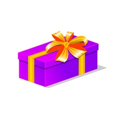 Gift in purple square box with yellow ribbon.